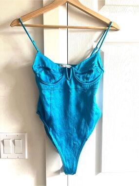 Zara Satin Effect Strappy  Bright Turquoise metallic High-Cut Bodysuit Size M